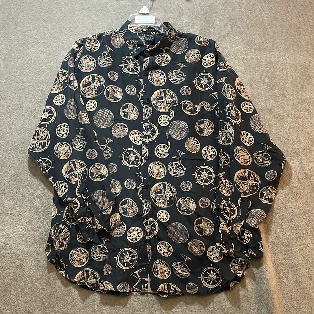 90s Vtg. Shirt 100% Silk Globe Print Button Artsy Travel L/S Mens Sz L Black